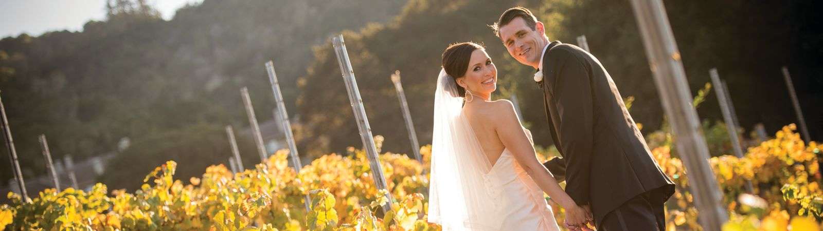wedding couple in fall vineyard