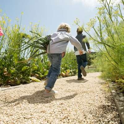 two boys from the back running in the orchard at Carmel Valley Ranch