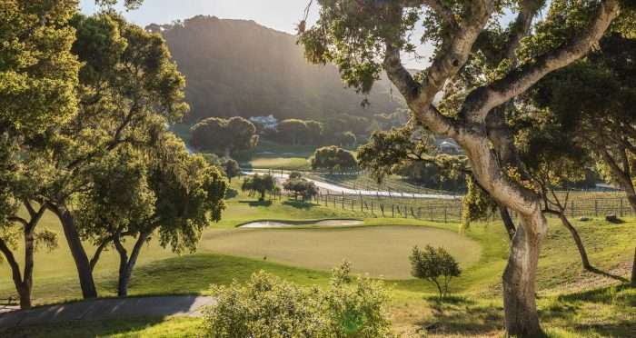 green golf course with leaf trees around and vineyards at the back of the golf course at Carmel Valley Ranch resort