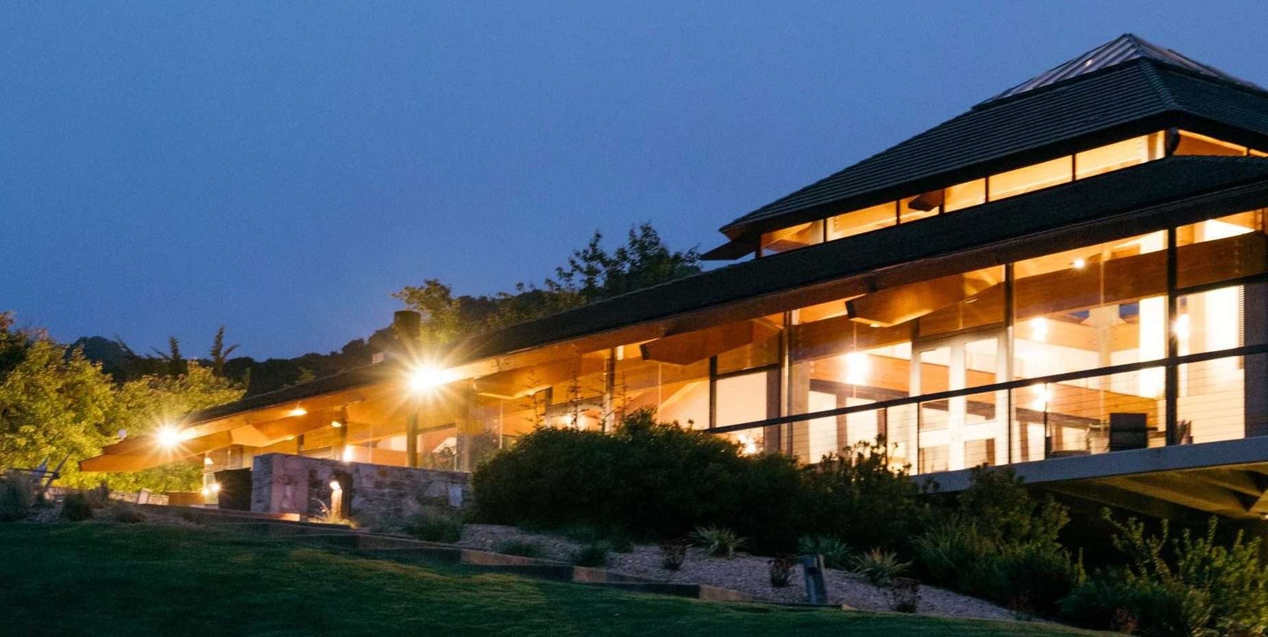 Outside of clubhouse building at dusk