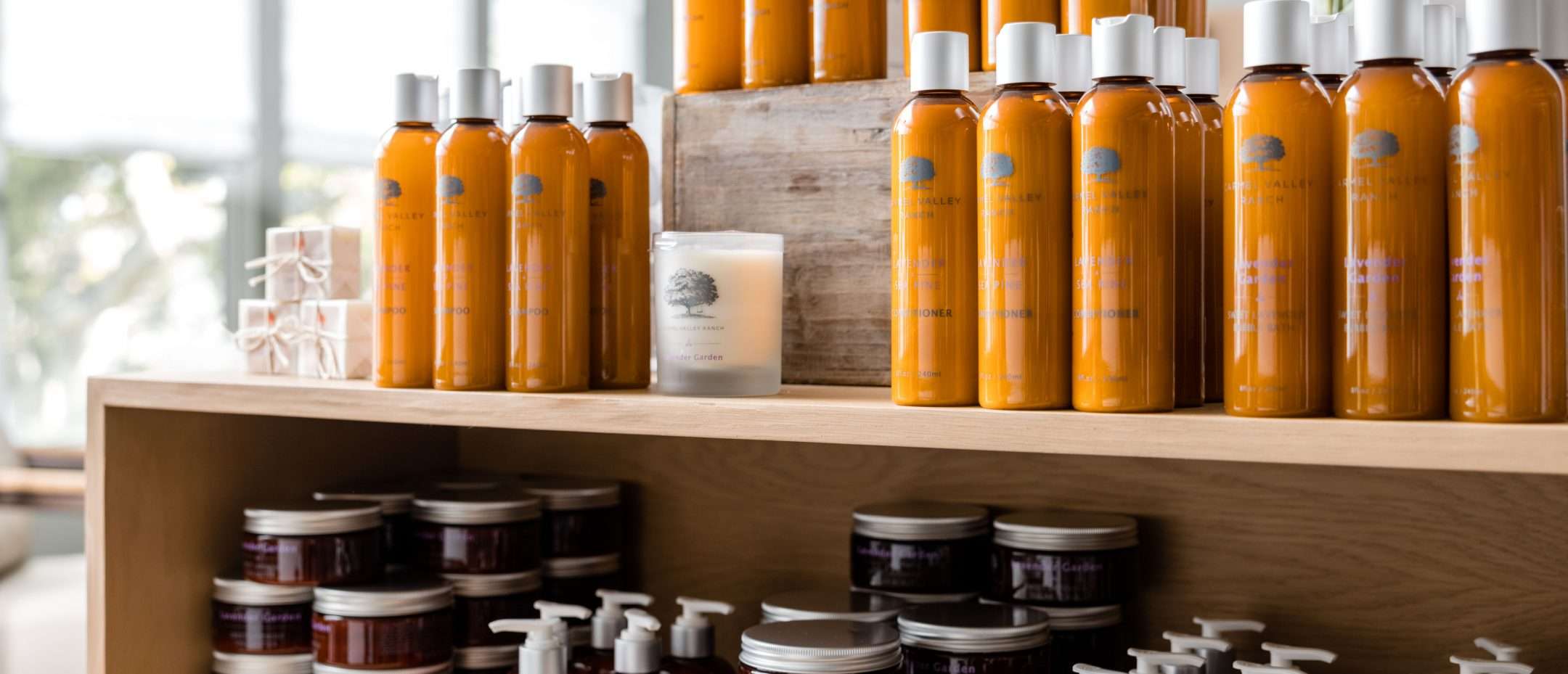 Products packaged in brown or orange containers on sale in Carmel Valley Ranch spa