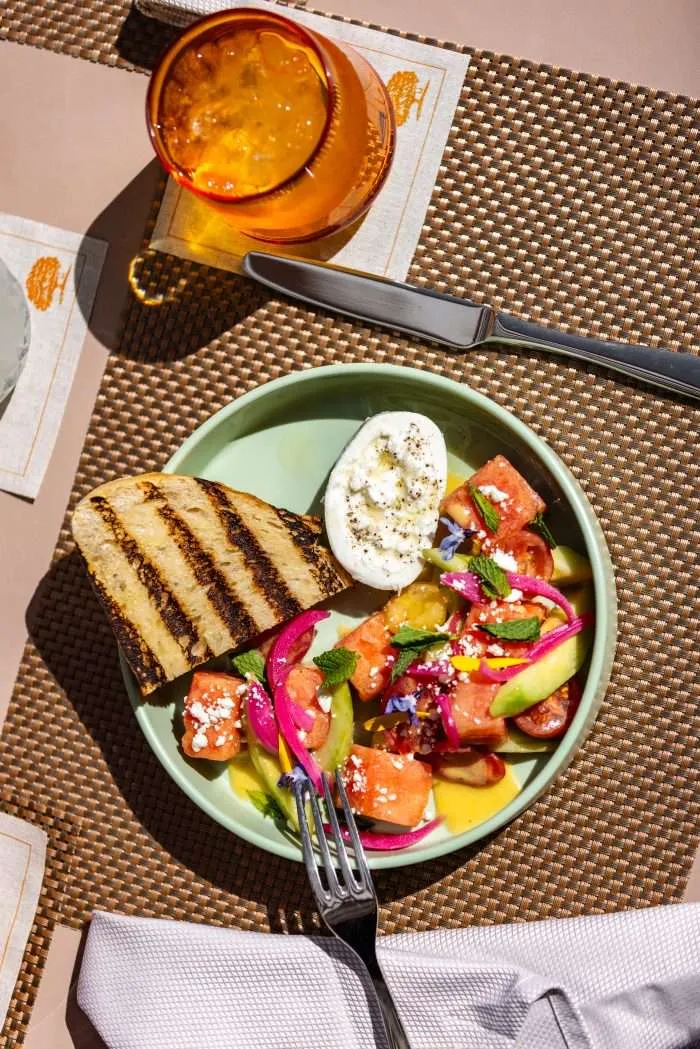 egg, bread and salad plate